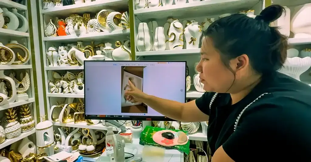 Supplier reviewing a product image on a computer beside shelves of sample goods.
